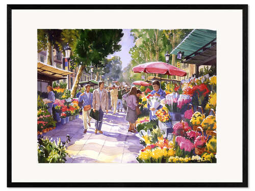 Ingelijste kunstdruk Flower market in Barcelona