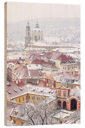 Hout print winter roofs of Ledebursky palace and St. Nicolas church, Prague