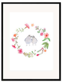 Impression artistique encadrée Wreath of flowers and birds