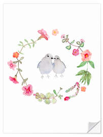 Selvklebende plakat Wreath of flowers and birds