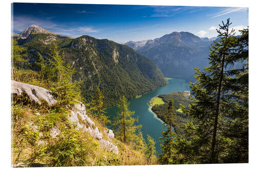 Acrylglas print St. Bartholomae at the Koenigssee at the foot of the Watzmann