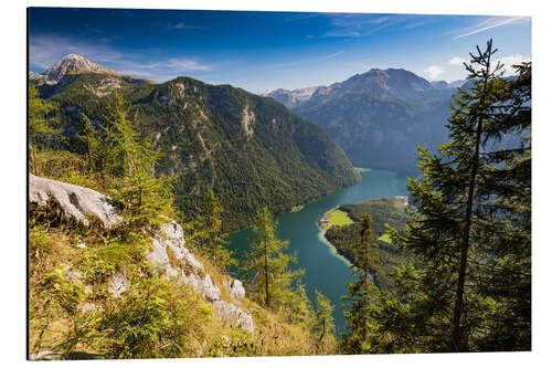 Aluminium print St. Bartholomae at the Koenigssee at the foot of the Watzmann