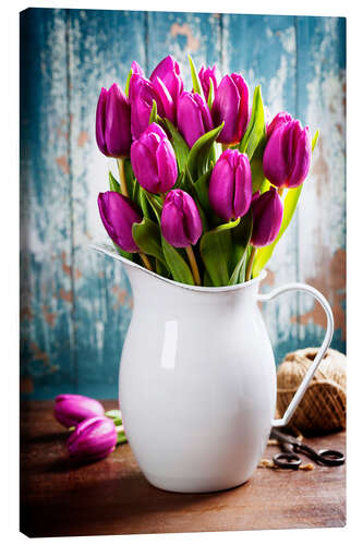 Canvas print Purple Tulips in an enamel jug