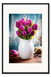 Gerahmter Kunstdruck Lila Tulpen in einer Emaillekanne