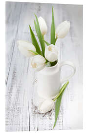 Acrylglasbild  Weiße Tulpen auf geweißtem Holz