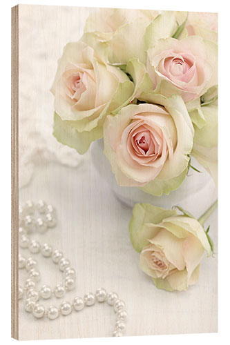 Holzbild Pastellfarbene Rosen mit Perlen