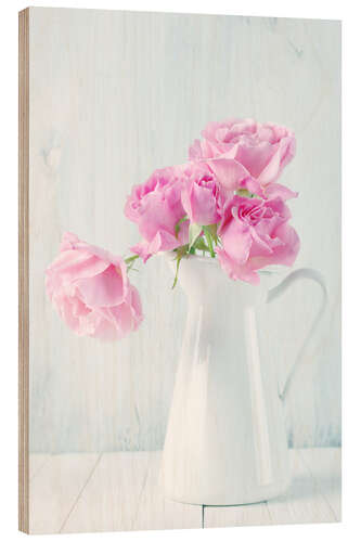 Wood print Pink roses in white jug