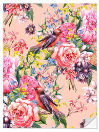 Sticker mural Roses et oiseaux