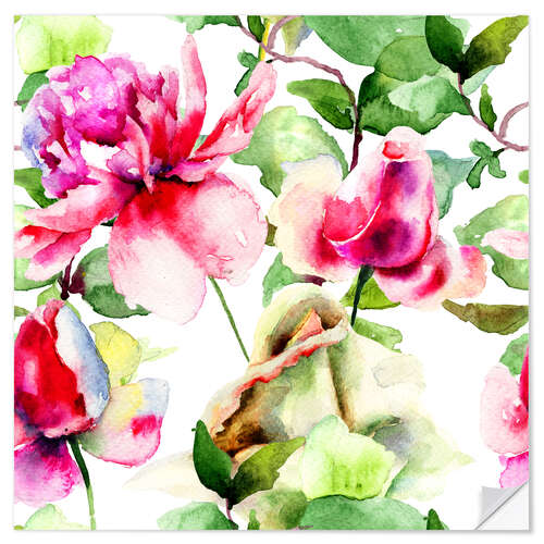 Selvklebende plakat Roses Watercolor