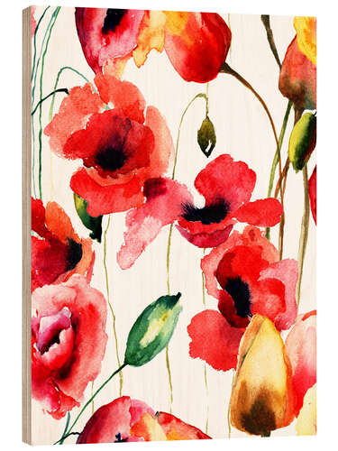 Wood print Poppy and Tulips flowers