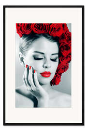 Gerahmter Kunstdruck Rosendame mit roten Lippen