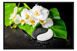Gerahmter Kunstdruck Weiße Orchideen und Yin-Yang Steine