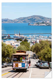 Selvklæbende plakat Tram with Alcatraz island in the background, San Francisco, USA