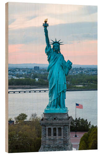 Wood print Aerial view of the Statue of Liberty at sunset, New York city, USA