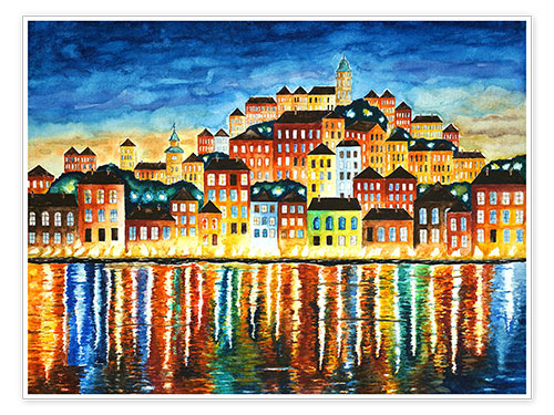 Poster Colorful harbor at night