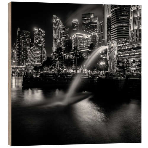 Wood print Merlion Singapore black and white