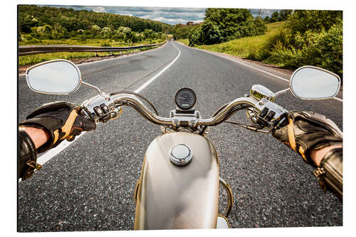 Aluminium print On tour with a vintage motorbike