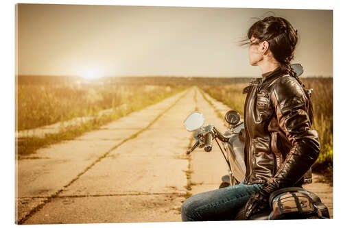 Akrylbillede Biker girl in a brown leather jacket