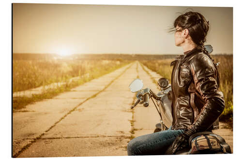 Aluminium print Biker girl in a brown leather jacket