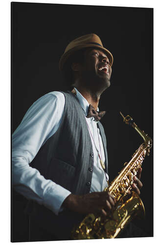 Tableau en aluminium Saxophonist with hat and bow tie