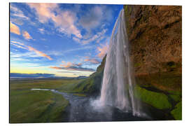 Tableau en aluminium Coucher de soleil sur la chute d'eau de Seljalandsfoss, Islande