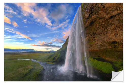 Sticker mural Coucher de soleil sur la chute d'eau de Seljalandsfoss, Islande