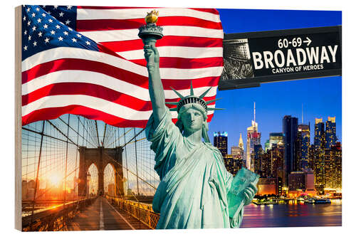 Hout print New York City Photo Collage with Statue of Liberty