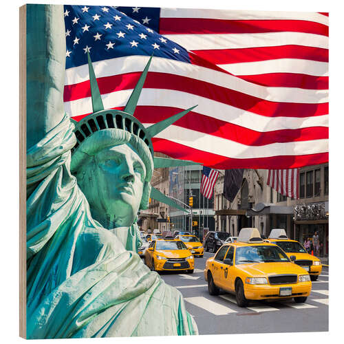 Tableau en bois USA Photo Collage with Statue of Liberty and Flag