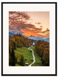 Gerahmter Kunstdruck Sonnenuntergang im Zugspitzland, Bayern