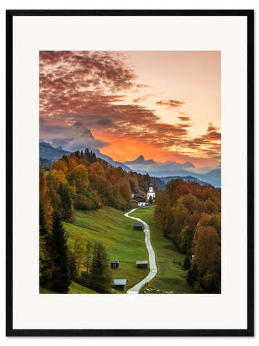 Gerahmter Kunstdruck Sonnenuntergang im Zugspitzland, Bayern