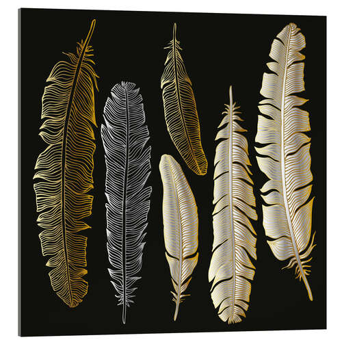 Akrylbilde Feathers in Gold and Silver