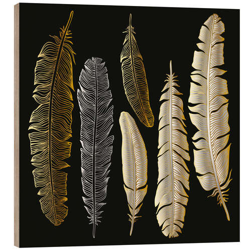 Stampa su legno Feathers in Gold and Silver