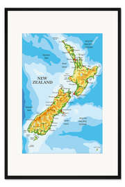Gerahmter Kunstdruck Neuseeland-Landkarte (Englisch)