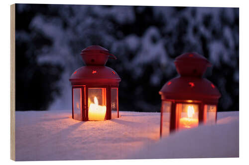 Cuadro de madera Red lanterns in the snow