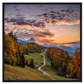 Gerahmter Kunstdruck Sonnenuntergang über der Zugspitze, Bayern, Deutschland