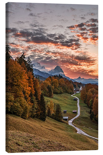 Lærredsbillede Sunset over Zugspitze Mountain, Bavaria