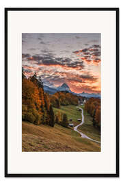 Gerahmter Kunstdruck Sonnenuntergang über der Zugspitze, Bayern