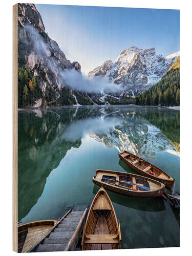 Wood print Early Morning on Lake Braies, Dolomites