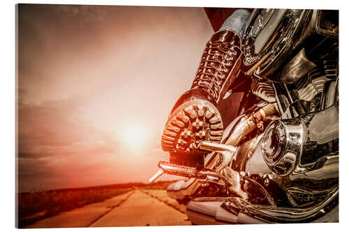 Acrylic print Boot on a motorcycle pedal