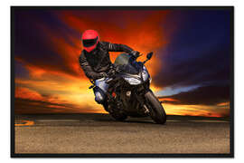 Gerahmter Kunstdruck Motorradfahrer in der Kurve