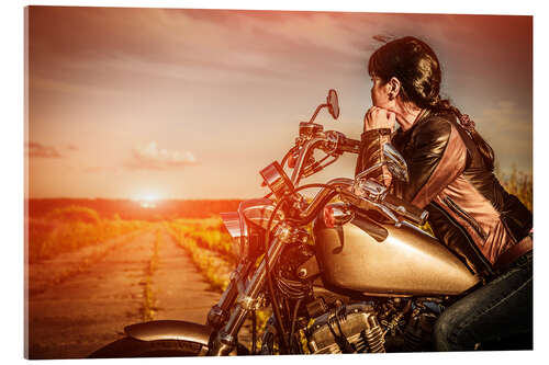 Acrylic print Biker girl on her motorcycle