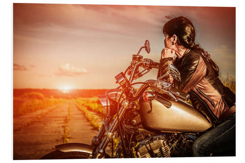 Foam board print Biker girl on her motorcycle