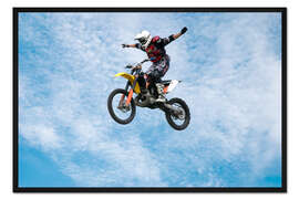 Gerahmter Kunstdruck Motorradfahrer springt