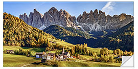 Selvklebende plakat Funes in the Dolomite Alps in autumn, South Tyrol - Italy