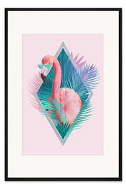 Gerahmter Kunstdruck Tropische Blätter mit Flamingo
