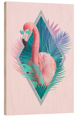 Wood print Tropical leaves with flamingo