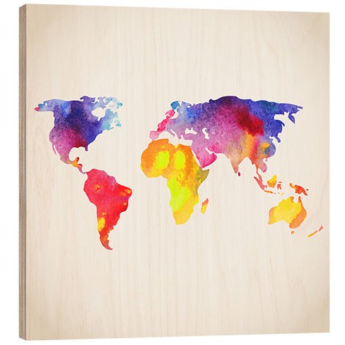 Wood print World map in watercolor