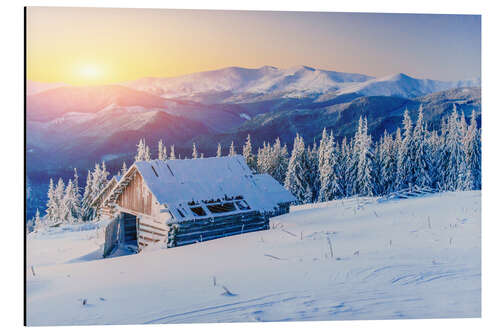 Aluminium print Snowy hut at sunset