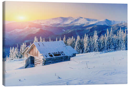 Quadro em tela Snowy hut at sunset