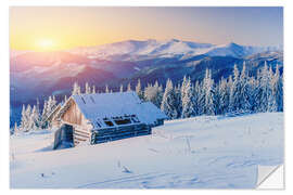 Selvklebende plakat Snowy hut at sunset